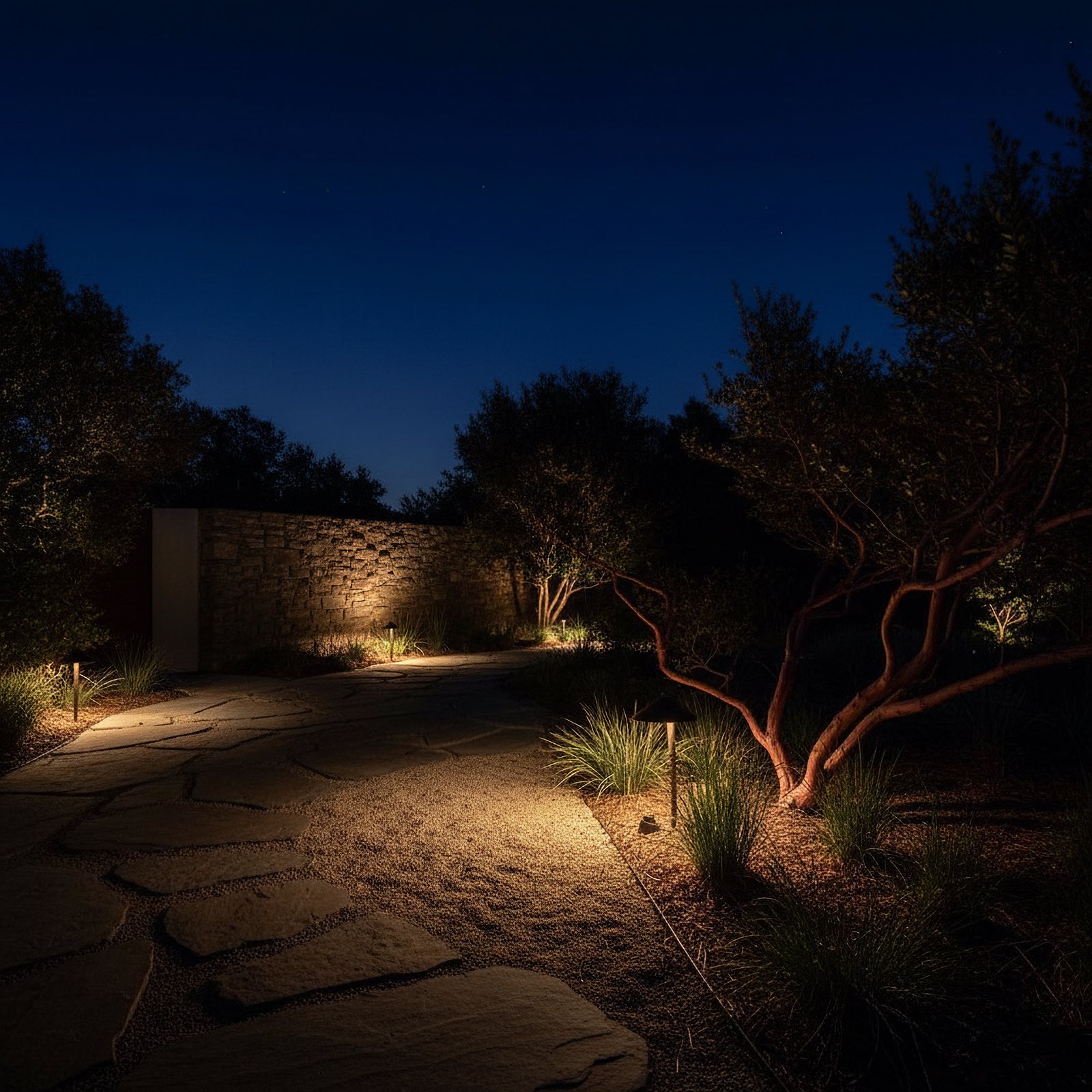A pool of warm light from a low path light on decomposed granite, beside grasses and a manzanita at night.