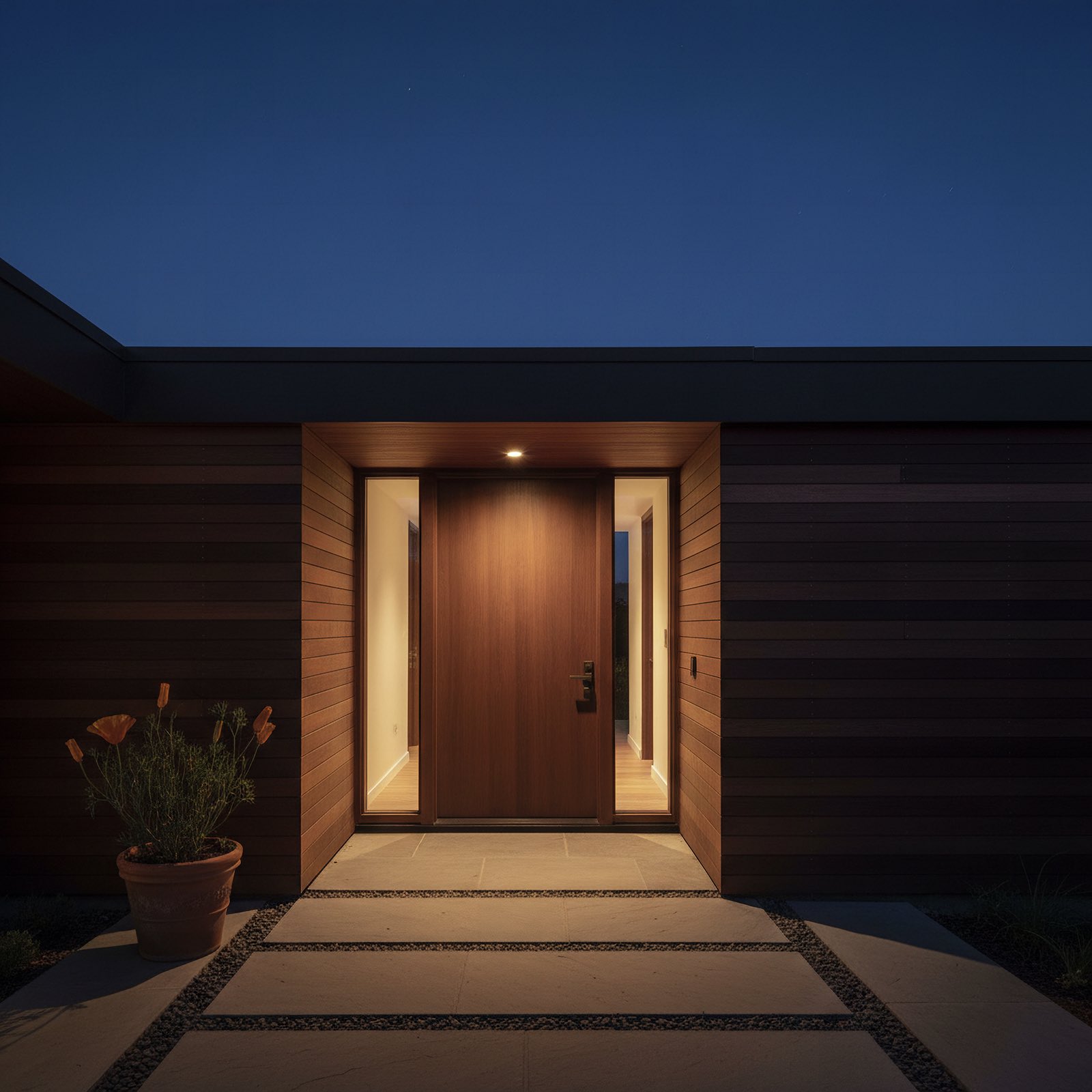 A wood front door glowing at full dark, with a potted California poppy closed for the night beside the entry.