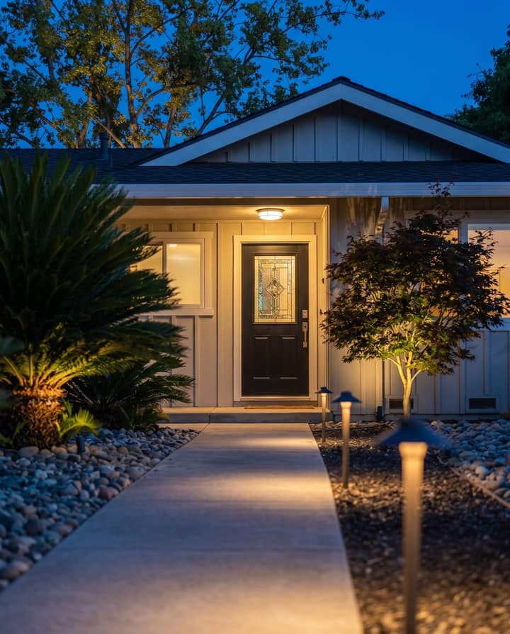 The entry at dusk, the door lit and the walk marked with low fixtures.