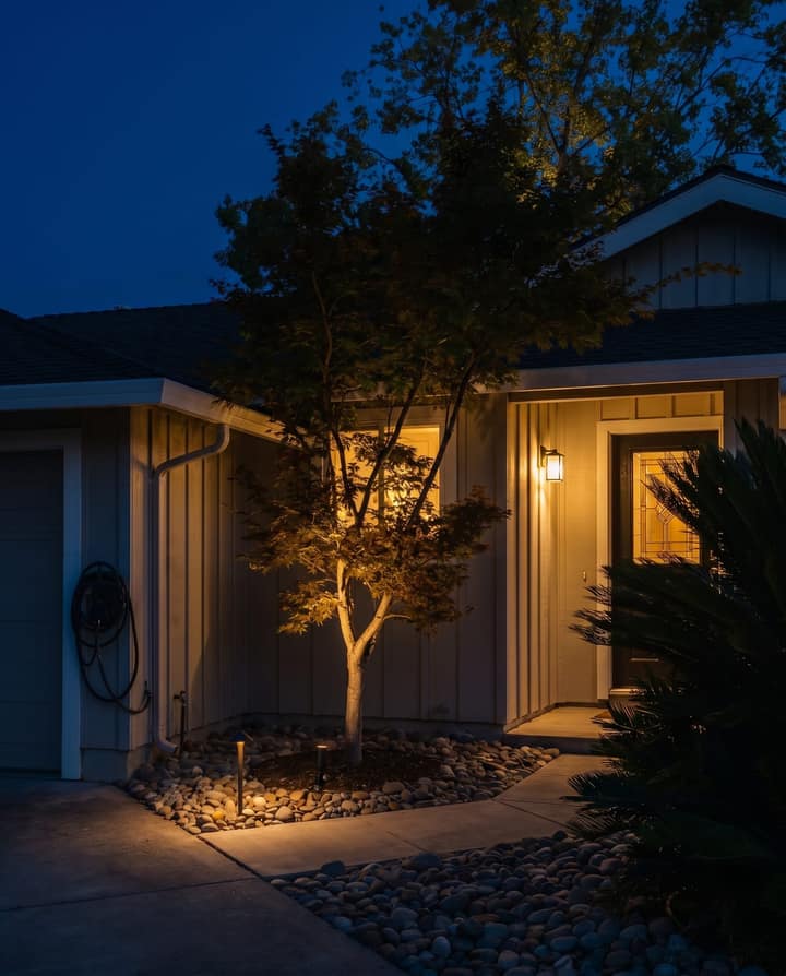 A Japanese maple uplit beside the entry.