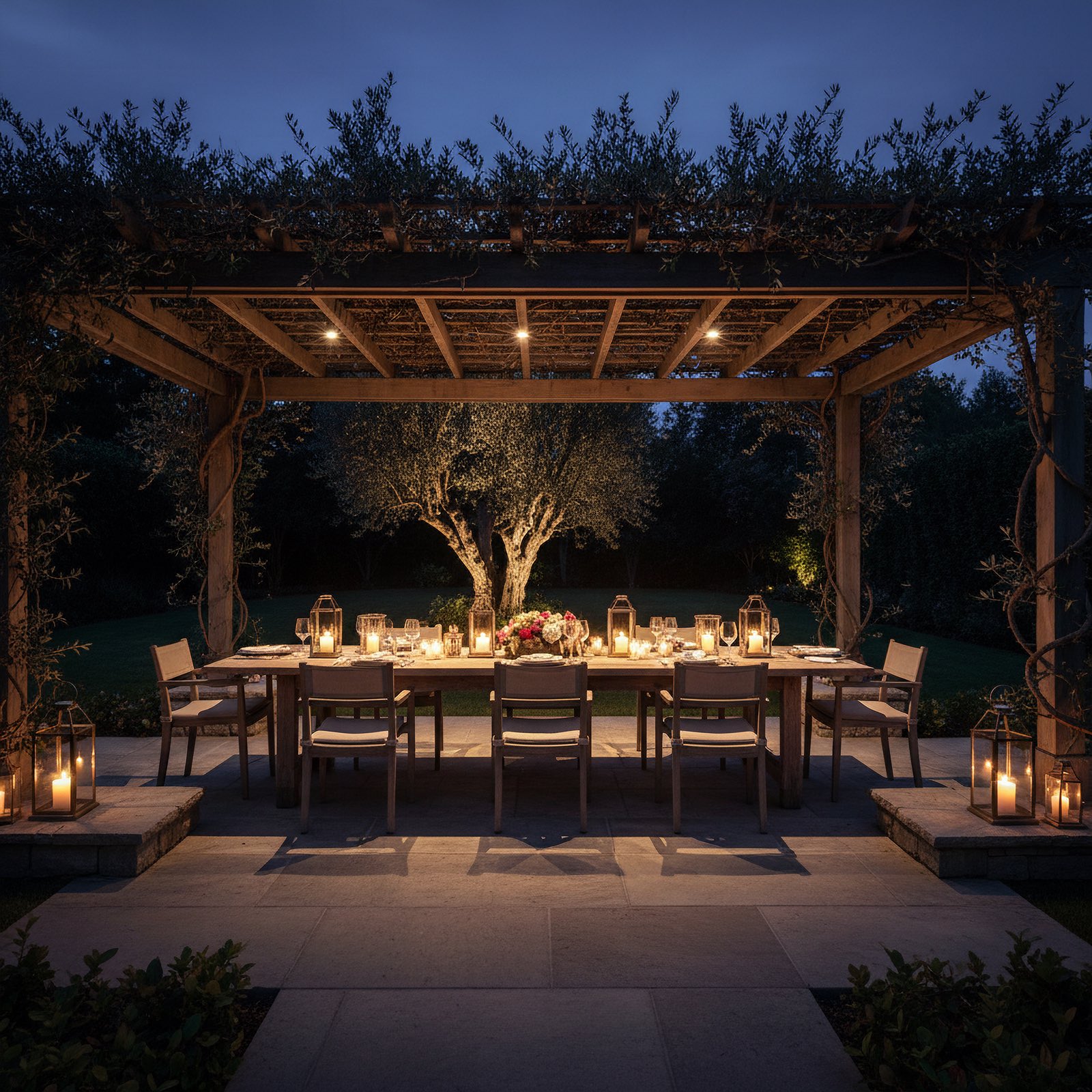 A long dinner table set under a vine-covered pergola at night, lit by lanterns and two soft sources in the trellis, with an olive tree glowing beyond.